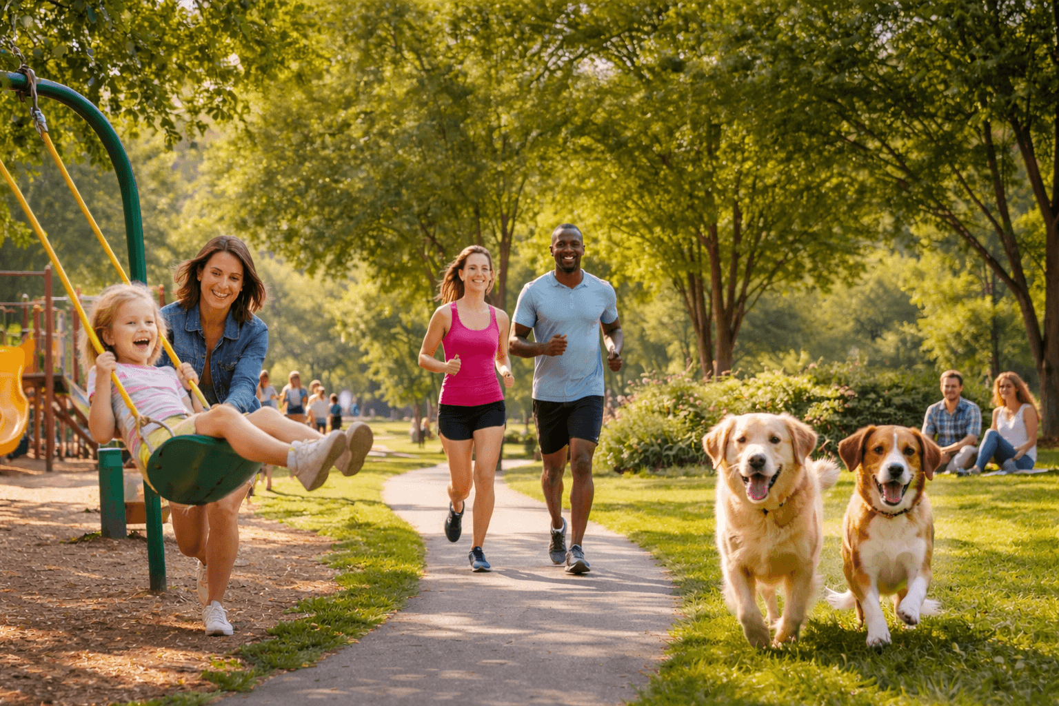 Parque con niños jugando, personas corriendo y perros paseando